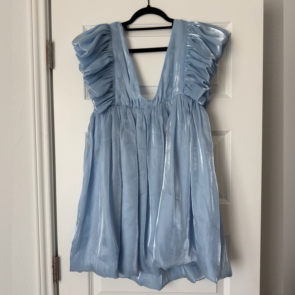 Shimmer Light Blue Ruffle Sleeve Mini Dress